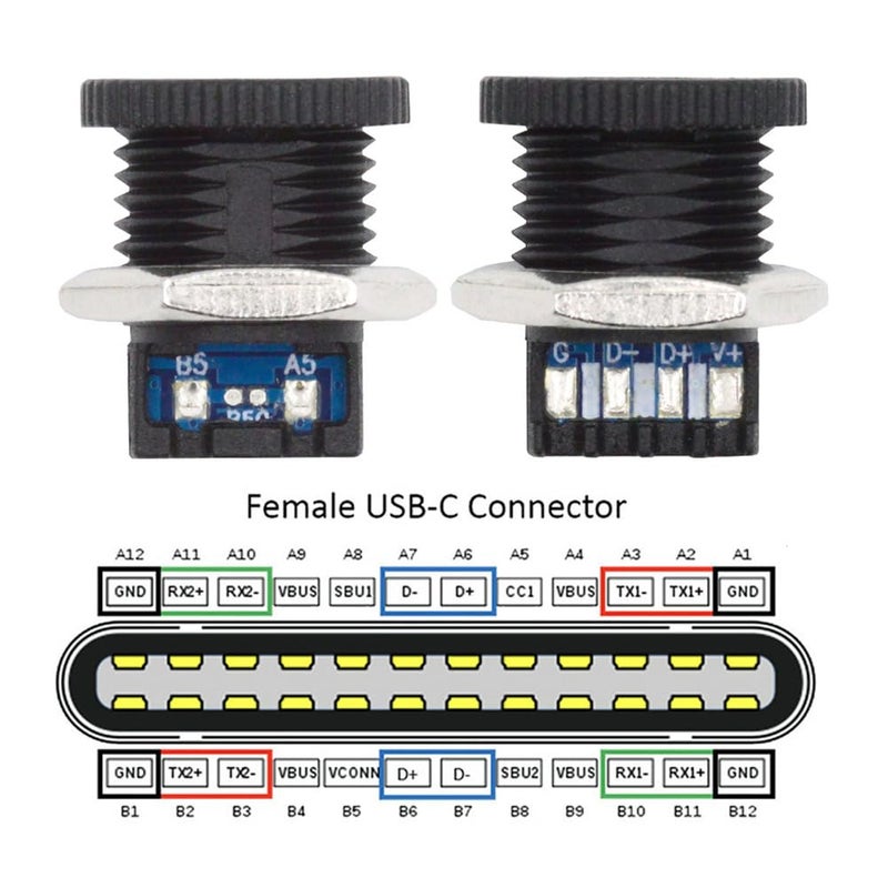 Cablecc 5pcs/Set DC Power 5V/20V DIY OEM Type C Female Socket Connector to 6Pin PCBA Pinout PD IP67（Scew Nut Mount Type） - Image 3
